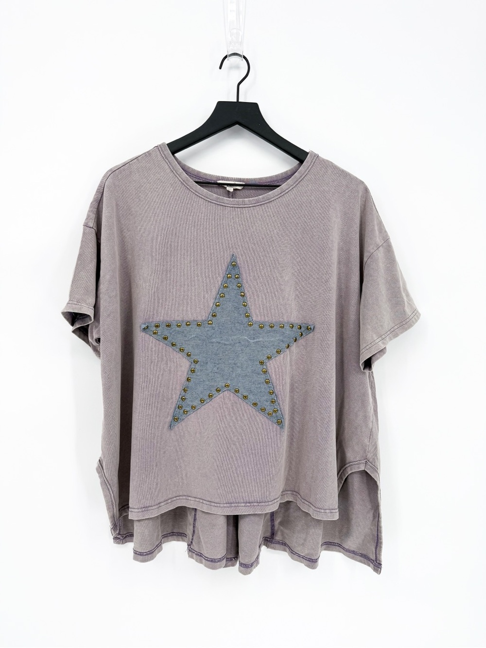Easel Acid Wash Studded Star Denim Patchwork Short Sleeve Top Mauve Large